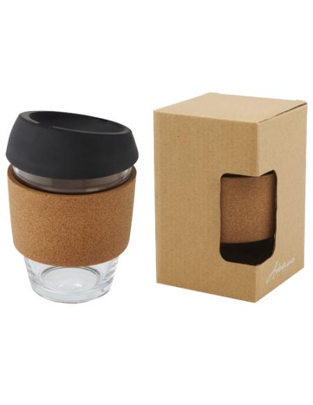 Vaso de vidrio borosilicato de 360 ml con agarre de corcho y tapa de silicona N09566001