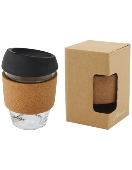 Vaso de vidrio borosilicato de 360 ml con agarre de corcho y tapa de silicona N09566001