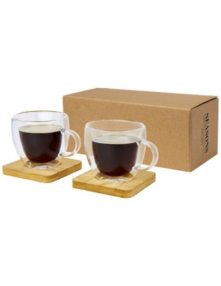 Dos tazas de vidrio de doble pared de 100 ml con posavasos de bambú N10413311