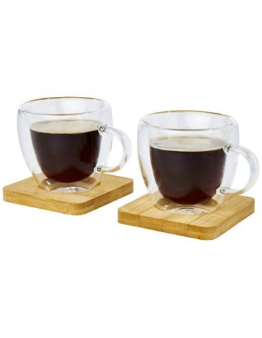Dos tazas de vidrio de doble pared de 100 ml con posavasos de bambú N10413311