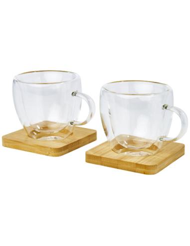 Dos tazas de vidrio de doble pared de 100 ml con posavasos de bambú N10413311