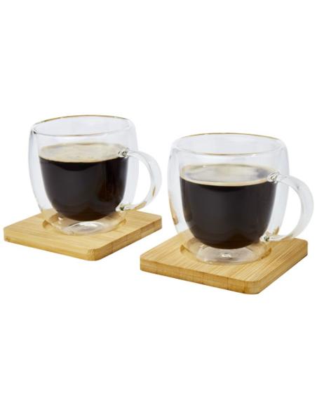 Dos tazas de vidrio de doble pared de 250 ml con posavasos de bambú N10513311