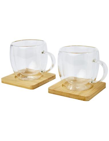 Dos tazas de vidrio de doble pared de 250 ml con posavasos de bambú N10513311