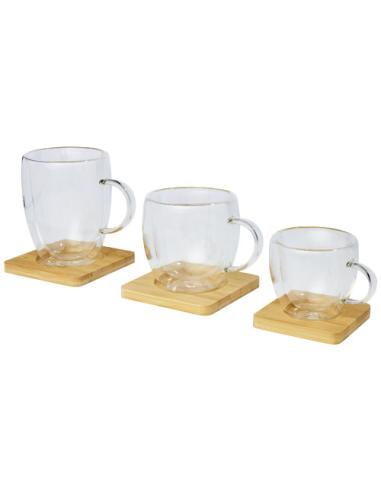 Dos tazas de vidrio de doble pared de 250 ml con posavasos de bambú N10513311