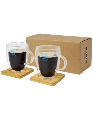 Dos tazas de vidrio de doble pared de 350 ml con posavasos de bambú N10613311