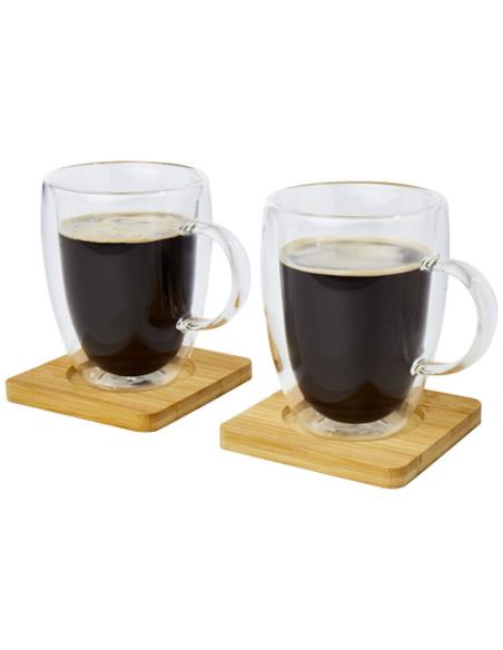 Dos tazas de vidrio de doble pared de 350 ml con posavasos de bambú N10613311