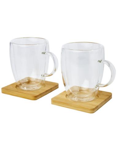 Dos tazas de vidrio de doble pared de 350 ml con posavasos de bambú N10613311