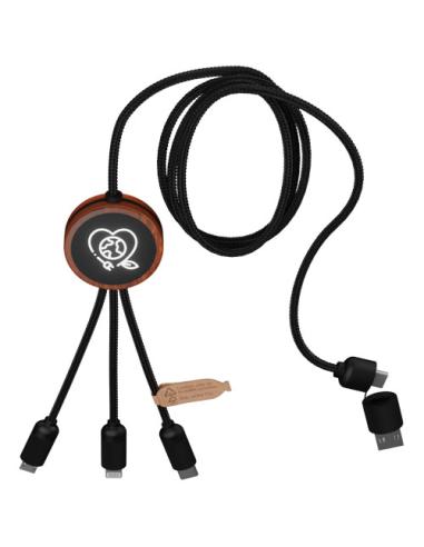 Cable de carga de 40 W 5 en 1 de PET reciclado con logo retroiluminado y estuche redondo de madera N17170XP2