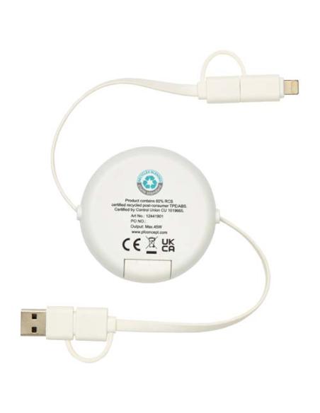 Cable retráctil 5 en 1 de plástico reciclado de 100 cm para sincronización de datos y carga rápida de 45 W con detalles de bambú