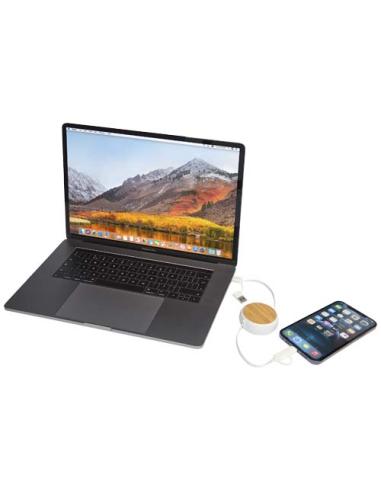 Cable retráctil 5 en 1 de plástico reciclado de 100 cm para sincronización de datos y carga rápida de 45 W con detalles de bambú