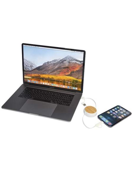 Cable retráctil 5 en 1 de plástico reciclado de 100 cm para sincronización de datos y carga rápida de 45 W con detalles de bambú