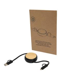 Cable retráctil 5 en 1 de plástico reciclado de 100 cm para sincronización de datos y carga rápida de 45 W con detalles de bambú