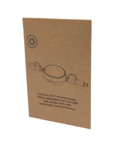 Cable retráctil 5 en 1 de plástico reciclado de 100 cm para sincronización de datos y carga rápida de 45 W con detalles de bambú