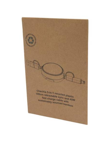 Cable retráctil 5 en 1 de plástico reciclado de 100 cm para sincronización de datos y carga rápida de 45 W con detalles de bambú