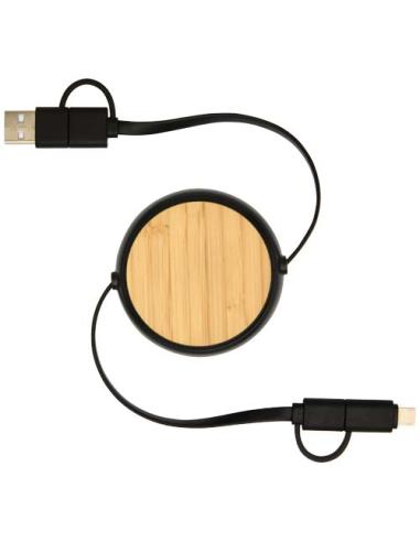 Cable retráctil 5 en 1 de plástico reciclado de 100 cm para sincronización de datos y carga rápida de 45 W con detalles de bambú