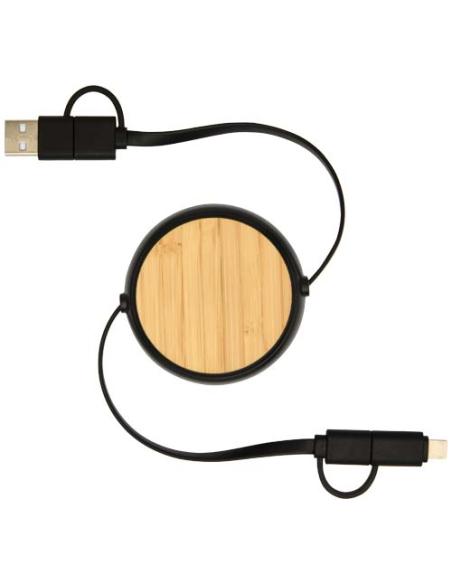 Cable retráctil 5 en 1 de plástico reciclado de 100 cm para sincronización de datos y carga rápida de 45 W con detalles de bambú