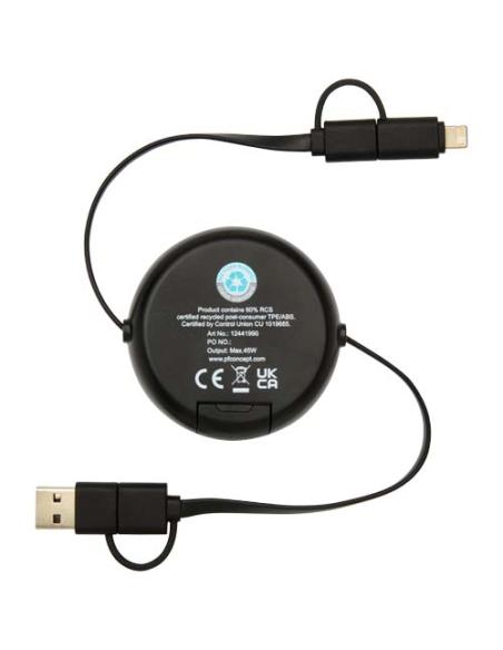 Cable retráctil 5 en 1 de plástico reciclado de 100 cm para sincronización de datos y carga rápida de 45 W con detalles de bambú