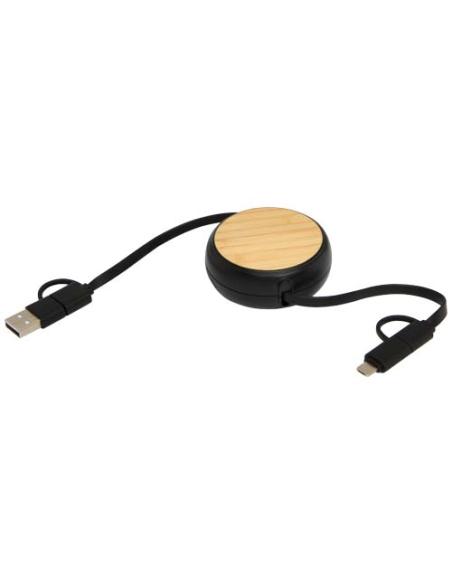 Cable retráctil 5 en 1 de plástico reciclado de 100 cm para sincronización de datos y carga rápida de 45 W con detalles de bambú