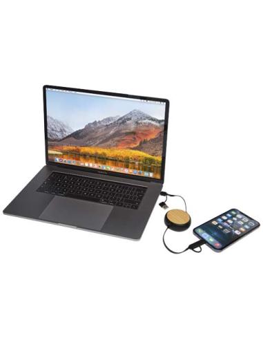 Cable retráctil 5 en 1 de plástico reciclado de 100 cm para sincronización de datos y carga rápida de 45 W con detalles de bambú