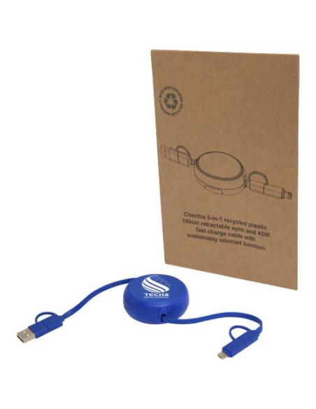 Cable retráctil 5 en 1 de 100 cm de plástico reciclado y aluminio para sincronización de datos y carga rápida de 45 W N35024421