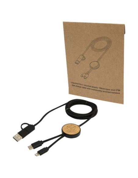Cable 5 en 1 de plástico reciclado de 150 cm para sincronización de datos y carga rápida de 27 W con detalles de bambú N09224421