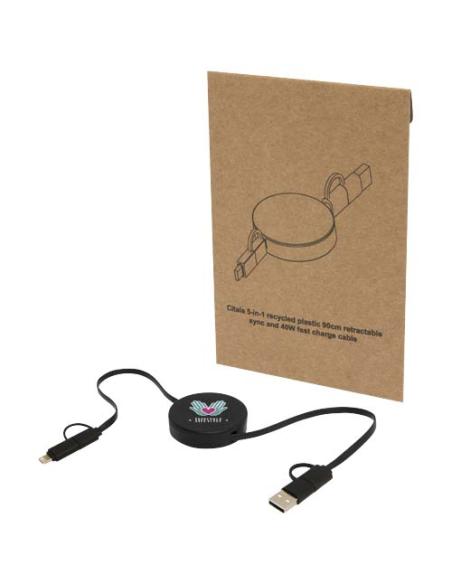 Cable retráctil 5 en 1 de plástico reciclado de 90 cm para sincronización de datos y carga rápida de 40 W N09034421