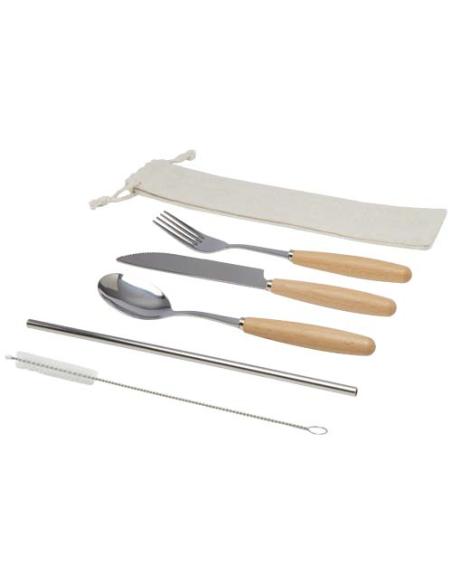 Cubertería de 5 piezas de acero inoxidable y madera de haya N60414311