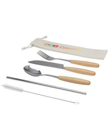 Cubertería de 5 piezas de acero inoxidable y madera de haya N60414311