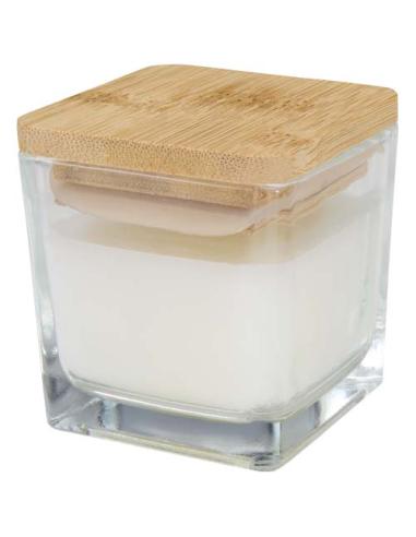 Vela cuadrada en soporte de vidrio con tapa de bambú N10453621