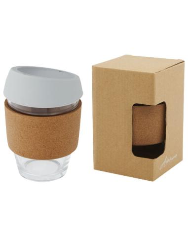 Vaso de vidrio borosilicato de 360 ml con agarre de corcho y tapa de silicona N28566001