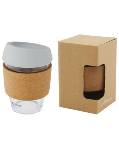 Vaso de vidrio borosilicato de 360 ml con agarre de corcho y tapa de silicona N28566001