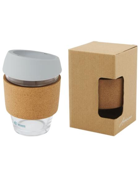 Vaso de vidrio borosilicato de 360 ml con agarre de corcho y tapa de silicona N28566001