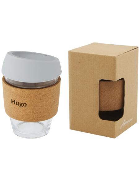 Vaso de vidrio borosilicato de 360 ml con agarre de corcho y tapa de silicona N28566001