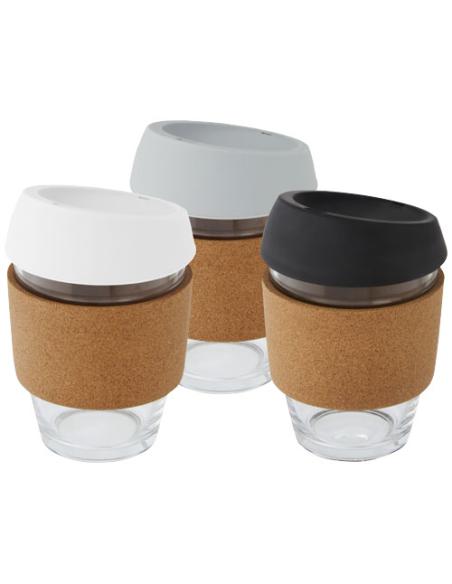 Vaso de vidrio borosilicato de 360 ml con agarre de corcho y tapa de silicona N28566001